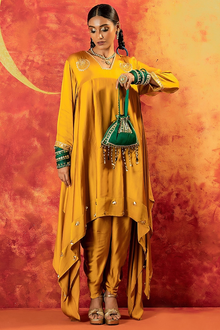 Mustard Yellow Vegan Satin Hand Embroidered Kurta Set by Prahnaaya at Pernia's Pop Up Shop