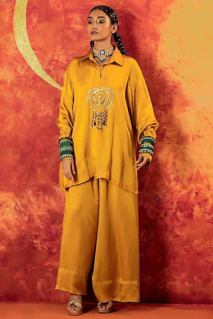 Mustard Yellow Vegan Satin Hand Embroidered Co-Ord Set by Prahnaaya at Pernia's Pop Up Shop