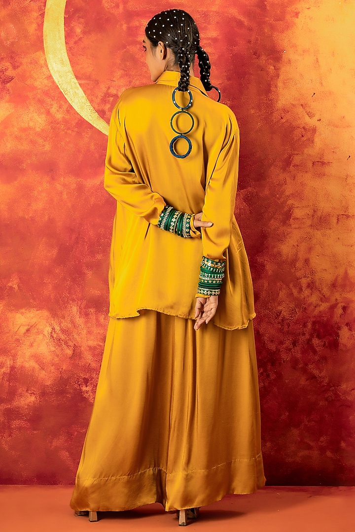 Mustard Yellow Vegan Satin Hand Embroidered Co-Ord Set by Prahnaaya at Pernia's Pop Up Shop