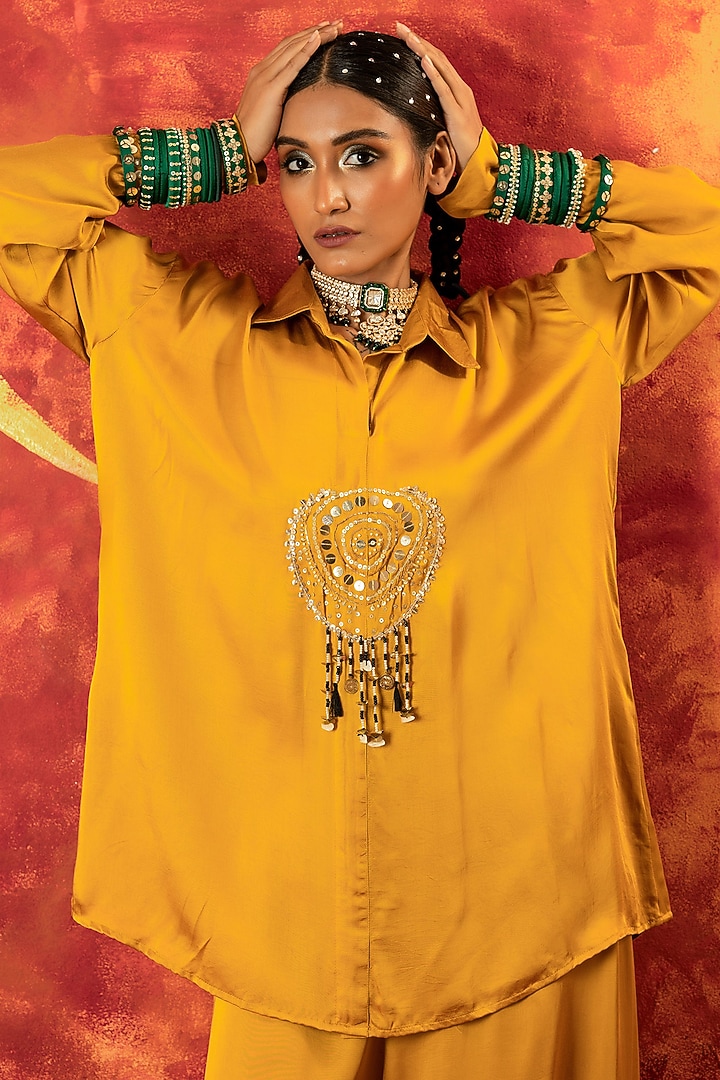 Mustard Yellow Vegan Satin Hand Embroidered Co-Ord Set by Prahnaaya at Pernia's Pop Up Shop