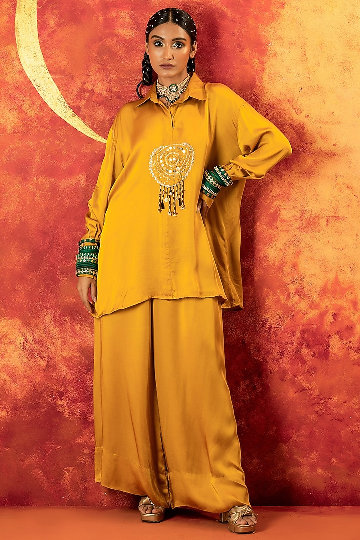 Mustard Yellow Vegan Satin Hand Embroidered Co-Ord Set by Prahnaaya at Pernia's Pop Up Shop