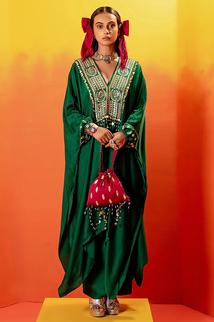 Green Vegan Satin Hand Embroidered Kaftan Set by Prahnaaya at Pernia's Pop Up Shop