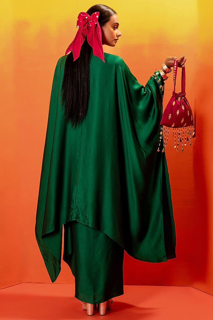 Green Vegan Satin Hand Embroidered Kaftan Set by Prahnaaya at Pernia's Pop Up Shop