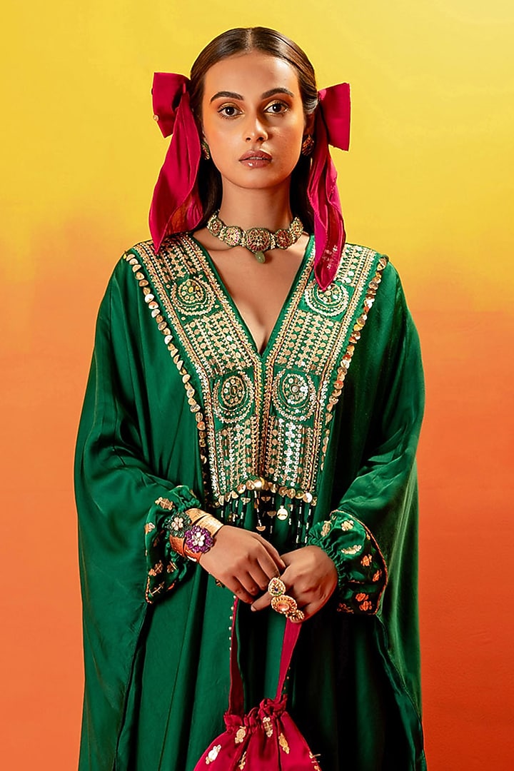 Green Vegan Satin Hand Embroidered Kaftan Set by Prahnaaya at Pernia's Pop Up Shop