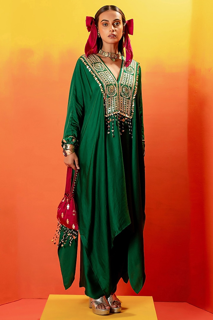 Green Vegan Satin Hand Embroidered Kaftan Set by Prahnaaya at Pernia's Pop Up Shop