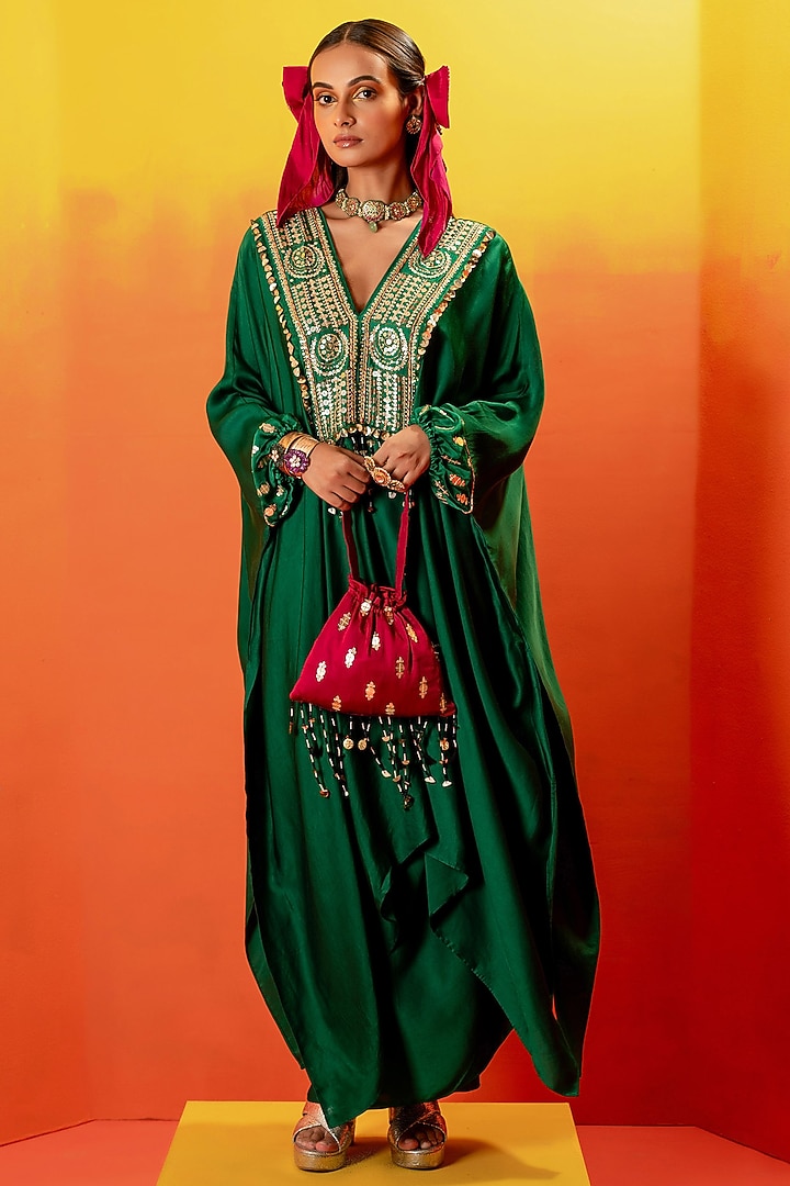 Green Vegan Satin Hand Embroidered Kaftan Set by Prahnaaya at Pernia's Pop Up Shop
