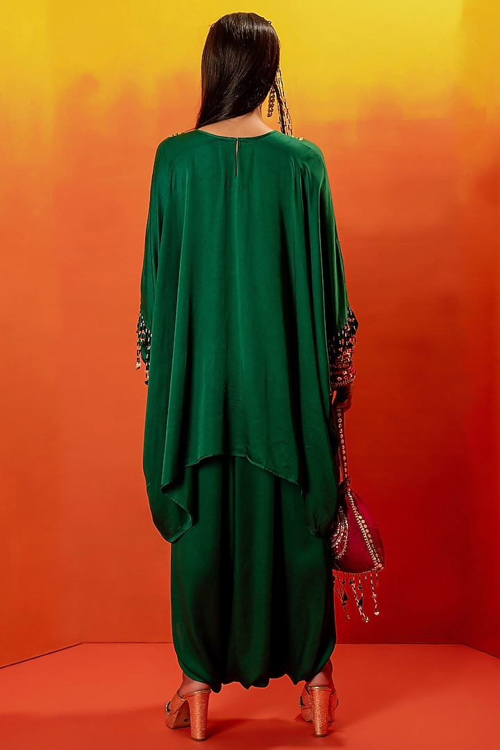 Green Vegan Satin Hand Embroidered Tunic Set by Prahnaaya at Pernia's Pop Up Shop