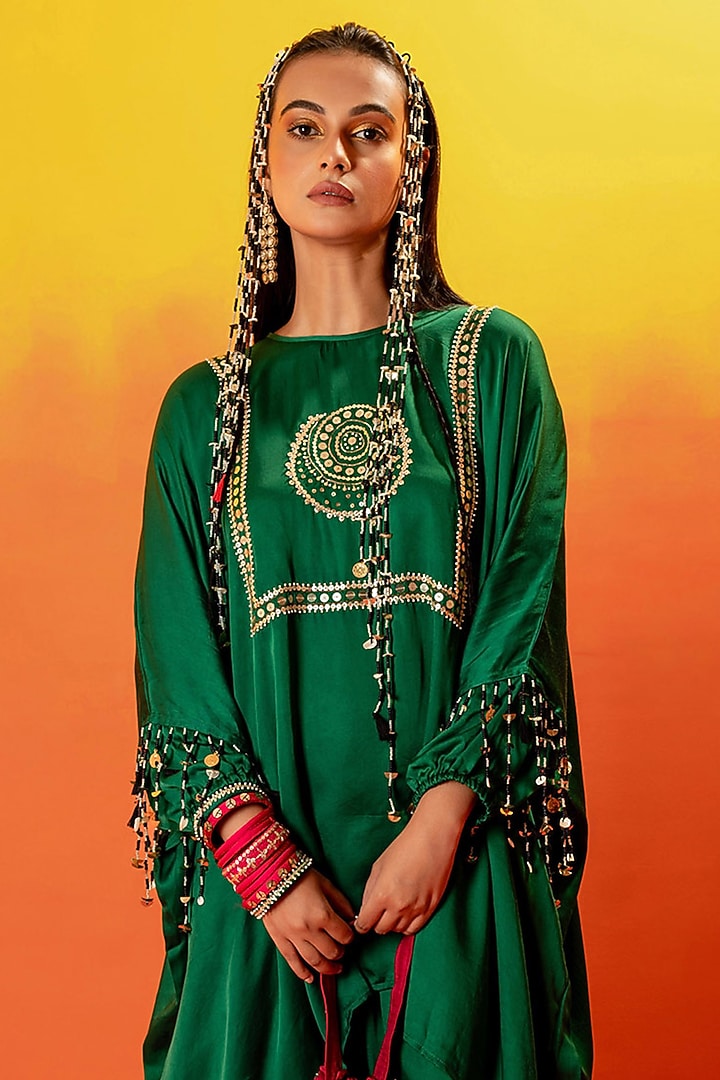Green Vegan Satin Hand Embroidered Tunic Set by Prahnaaya at Pernia's Pop Up Shop
