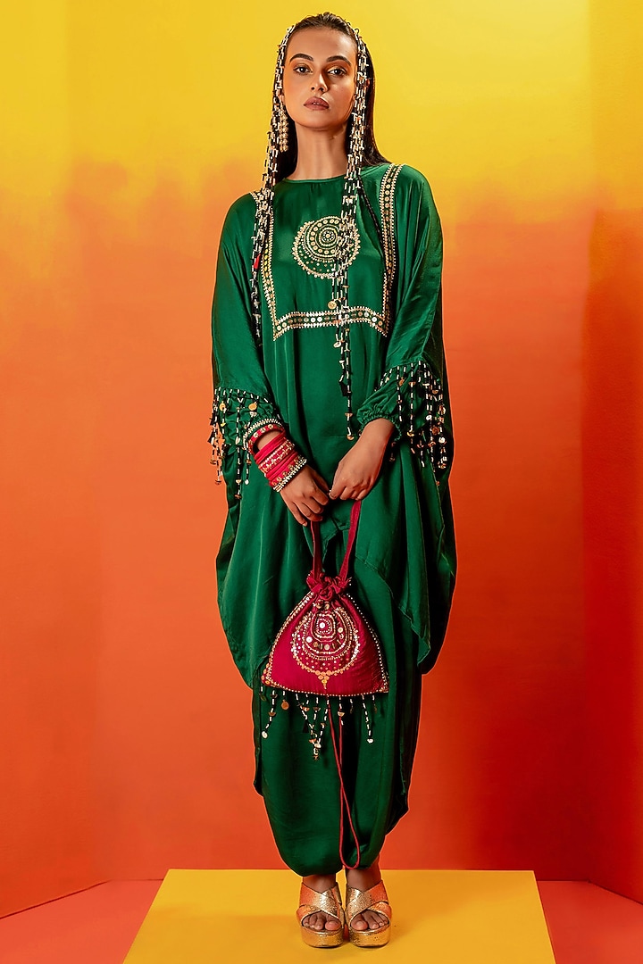 Green Vegan Satin Hand Embroidered Tunic Set by Prahnaaya at Pernia's Pop Up Shop