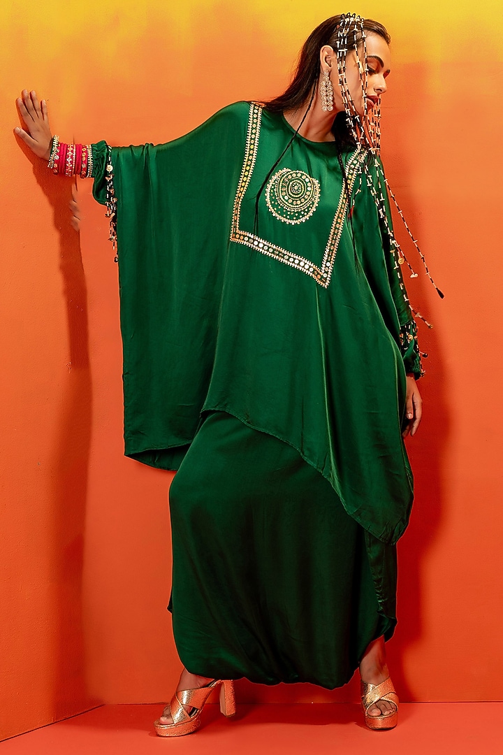 Green Vegan Satin Hand Embroidered Tunic Set by Prahnaaya at Pernia's Pop Up Shop