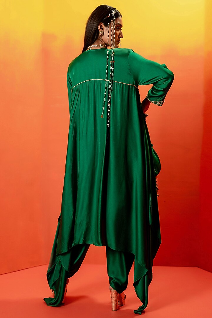 Green Vegan Satin Hand Embroidered Asymmetric Kurta Set by Prahnaaya at Pernia's Pop Up Shop