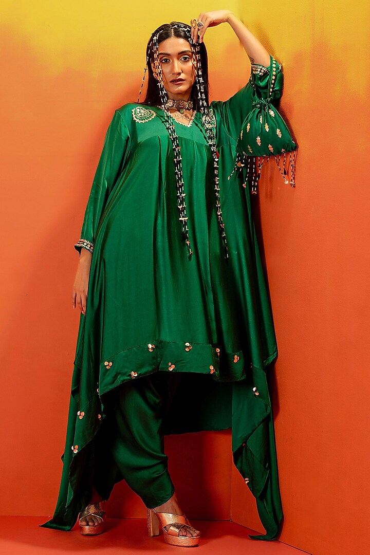 Green Vegan Satin Hand Embroidered Asymmetric Kurta Set by Prahnaaya