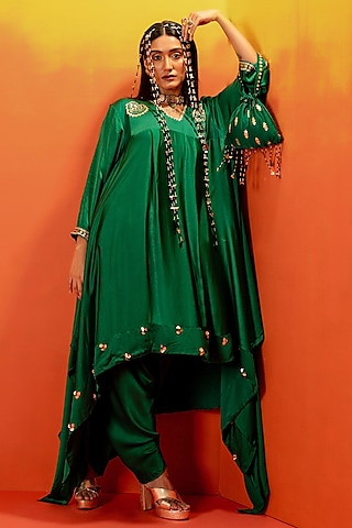Green Vegan Satin Hand Embroidered Asymmetric Kurta Set by Prahnaaya