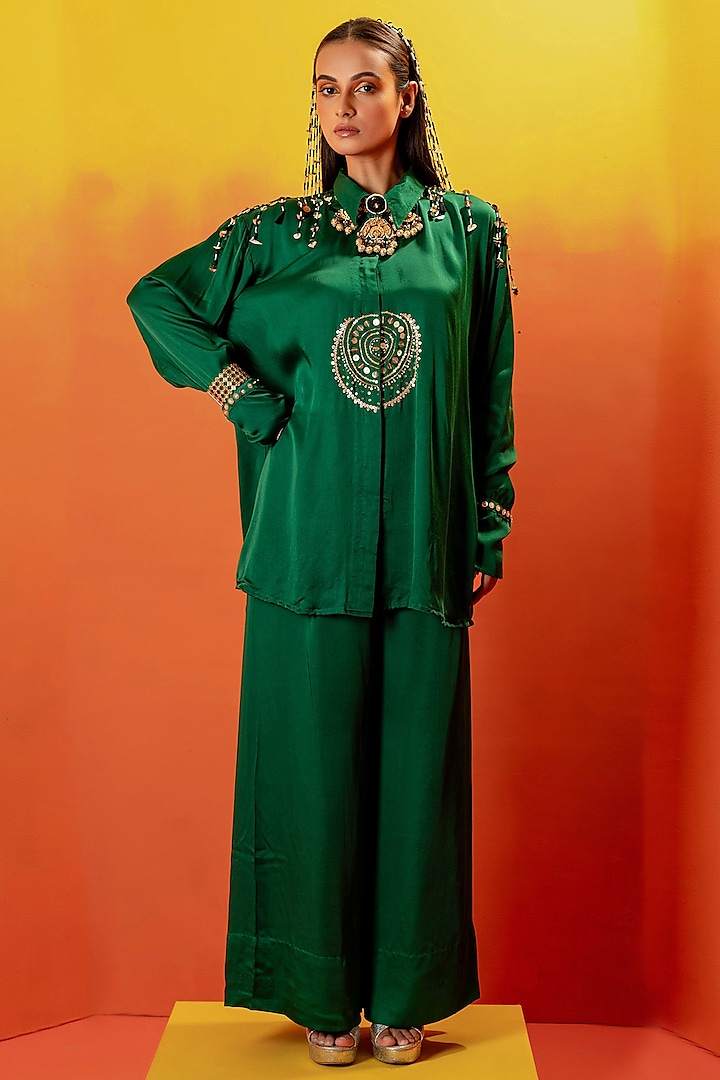 Green Vegan Satin Hand Embroidered Co-Ord Set by Prahnaaya