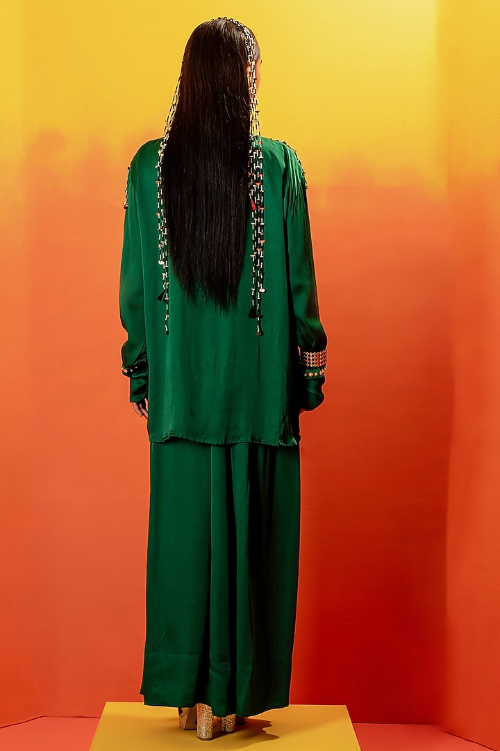 Green Vegan Satin Hand Embroidered Co-Ord Set by Prahnaaya at Pernia's Pop Up Shop