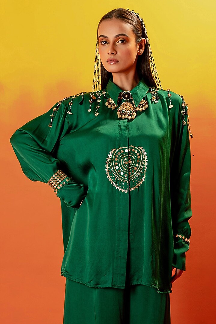 Green Vegan Satin Hand Embroidered Co-Ord Set by Prahnaaya at Pernia's Pop Up Shop