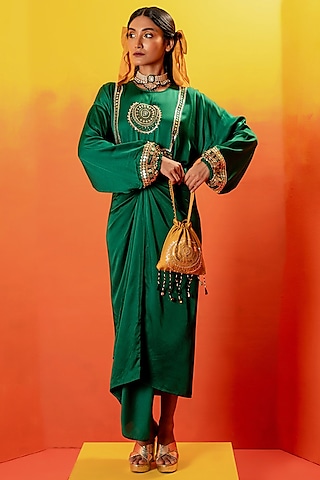 Green Vegan Satin Hand Embroidered Tie-Up Dress by Prahnaaya