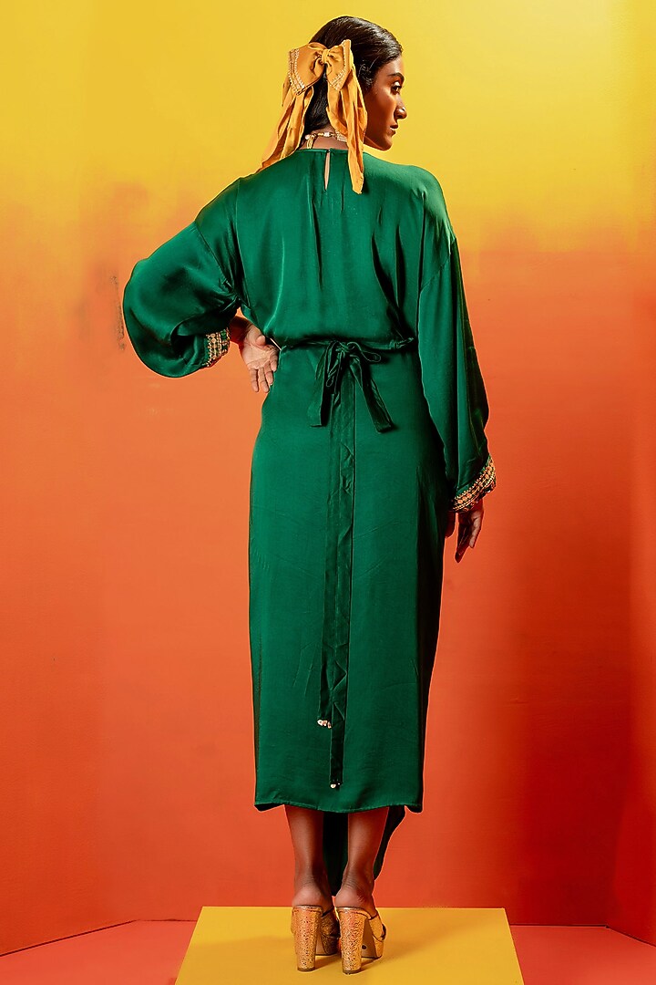 Green Vegan Satin Hand Embroidered Tie-Up Vacation Dress by Prahnaaya at Pernia's Pop Up Shop