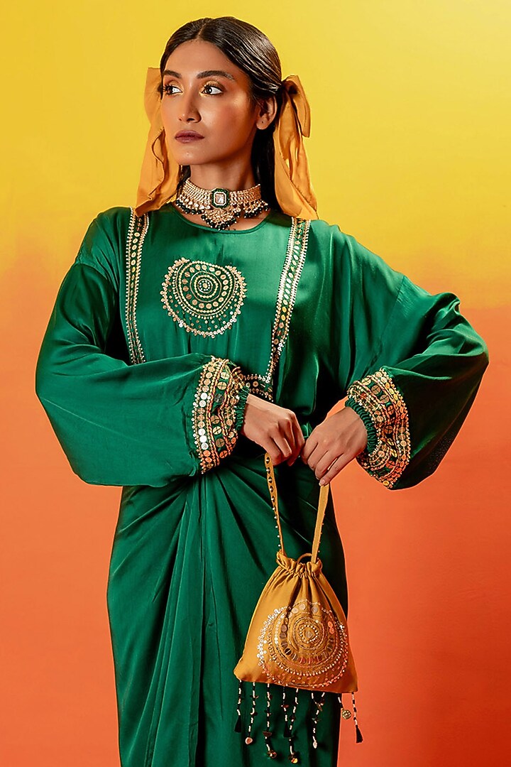 Green Vegan Satin Hand Embroidered Tie-Up Vacation Dress by Prahnaaya at Pernia's Pop Up Shop