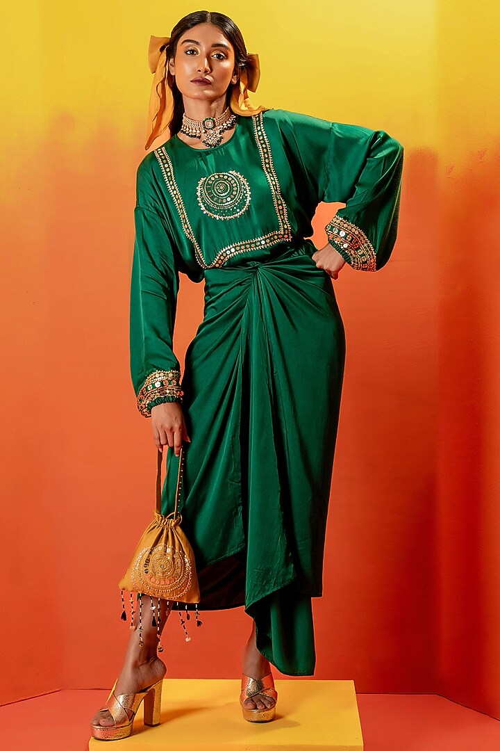 Green Vegan Satin Hand Embroidered Tie-Up Vacation Dress by Prahnaaya at Pernia's Pop Up Shop