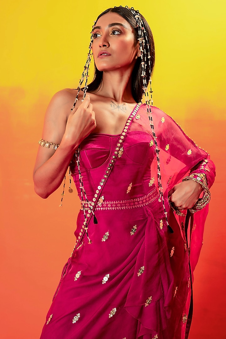 Pink Vegan Satin Ruffled Skirt Set by Prahnaaya at Pernia's Pop Up Shop