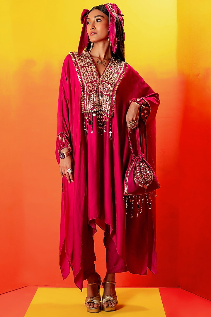 Pink Vegan Satin Hand Embroidered Kaftan Set by Prahnaaya at Pernia's Pop Up Shop