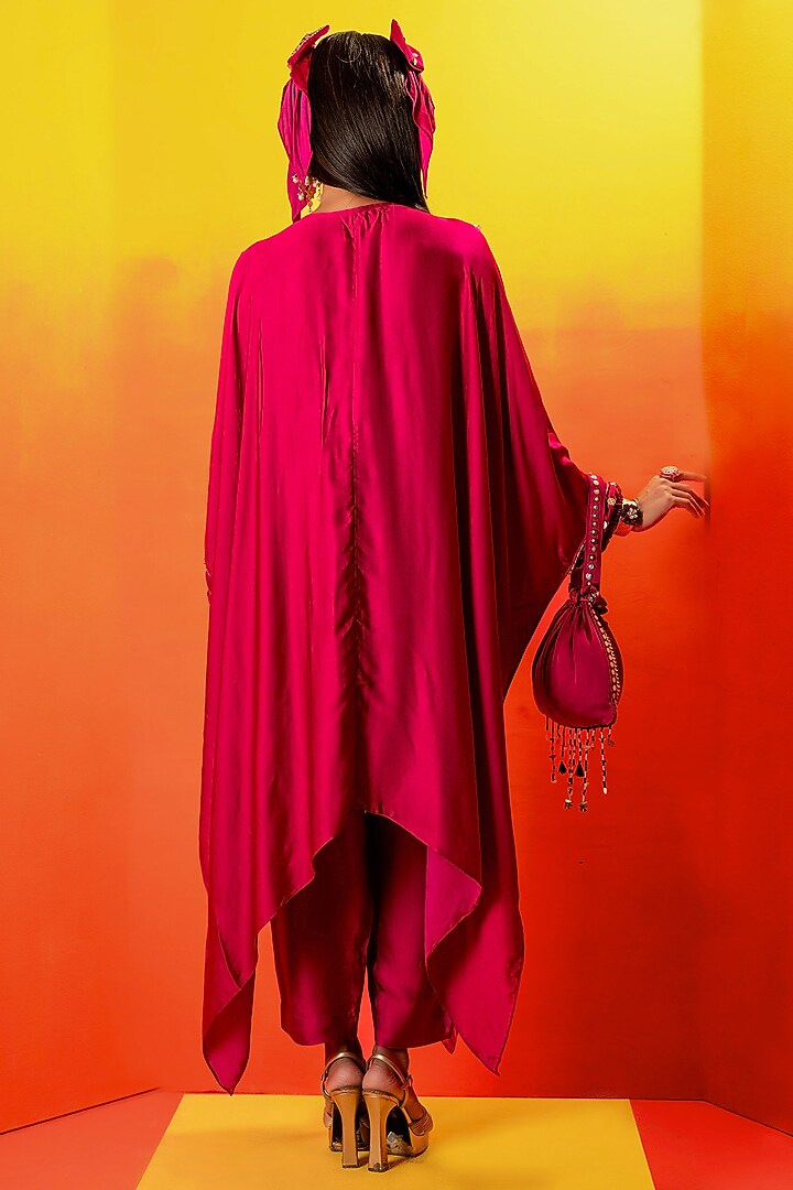 Pink Vegan Satin Hand Embroidered Kaftan Set by Prahnaaya at Pernia's Pop Up Shop