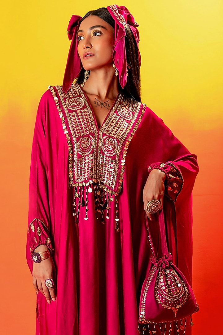 Pink Vegan Satin Hand Embroidered Kaftan Set by Prahnaaya at Pernia's Pop Up Shop