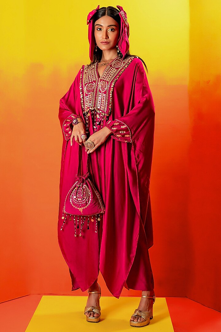 Pink Vegan Satin Hand Embroidered Kaftan Set by Prahnaaya at Pernia's Pop Up Shop