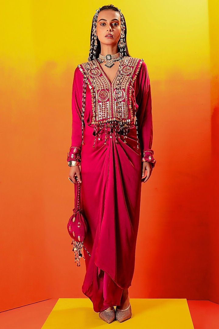 Pink Vegan Satin Hand Embroidered Shirt Dress by Prahnaaya at Pernia's Pop Up Shop