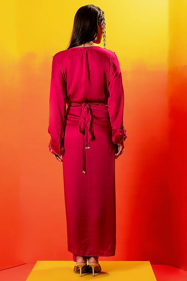 Pink Vegan Satin Hand Embroidered Vacation Shirt Dress by Prahnaaya at Pernia's Pop Up Shop