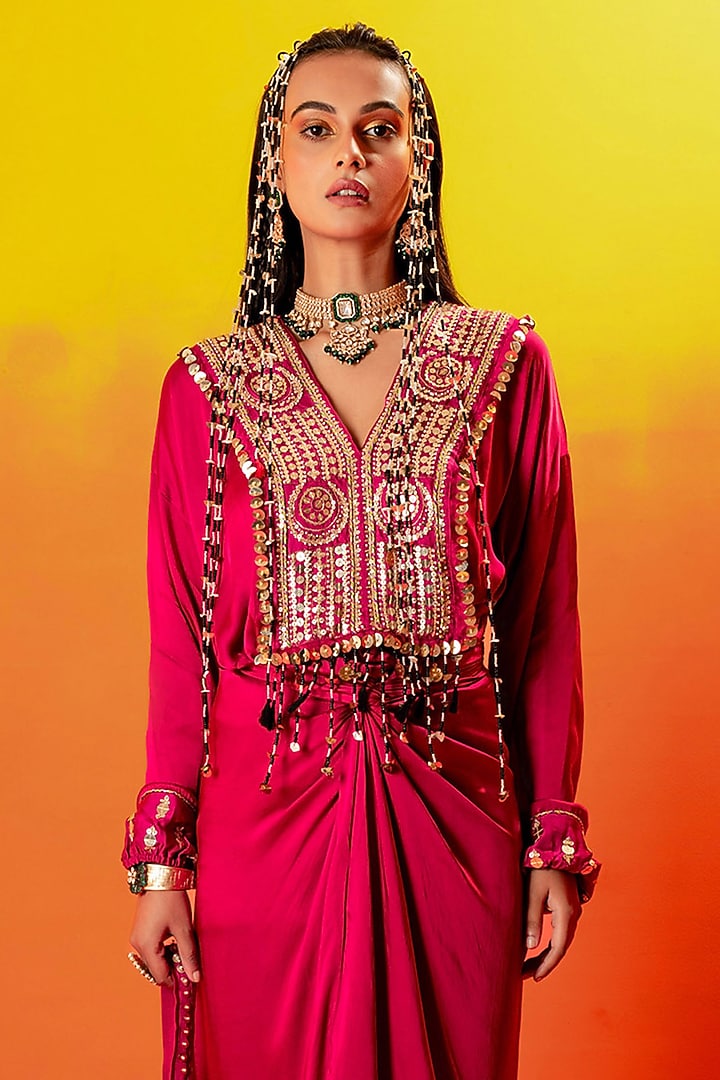 Pink Vegan Satin Hand Embroidered Vacation Shirt Dress by Prahnaaya at Pernia's Pop Up Shop