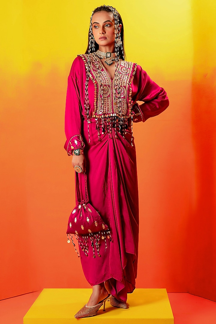 Pink Vegan Satin Hand Embroidered Vacation Shirt Dress by Prahnaaya at Pernia's Pop Up Shop