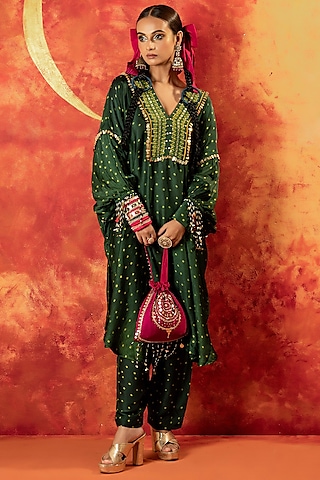 Green Ajrakh Hand Block Satin Sequins Embroidered Straight Kurta Set by Prahnaaya