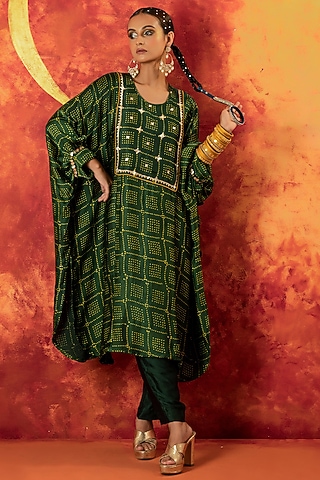 Green Ajrakh Hand Block Satin Mirror Hand Embroidered Kurta Set by Prahnaaya