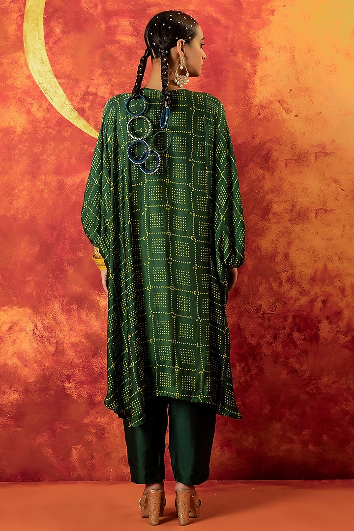 Green Ajrakh Hand Block Satin Mirror Hand Embroidered Kurta Set by Prahnaaya at Pernia's Pop Up Shop