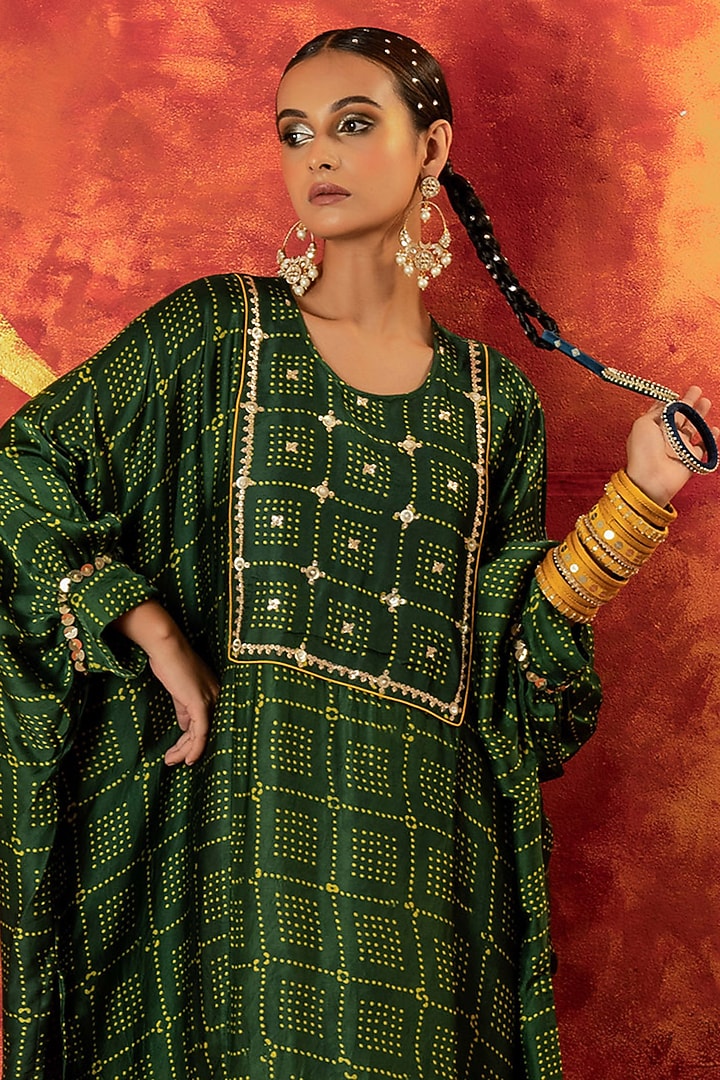 Green Ajrakh Hand Block Satin Mirror Hand Embroidered Kurta Set by Prahnaaya at Pernia's Pop Up Shop