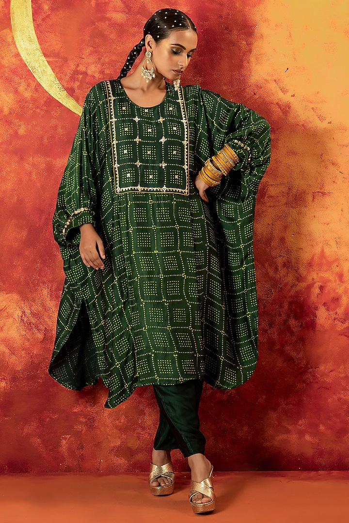 Green Ajrakh Hand Block Satin Mirror Hand Embroidered Kurta Set by Prahnaaya at Pernia's Pop Up Shop