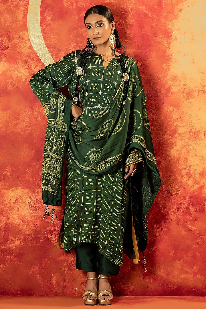 Green Ajrakh Hand Block Satin Mirror Hand Embroidered Kurta Set by Prahnaaya