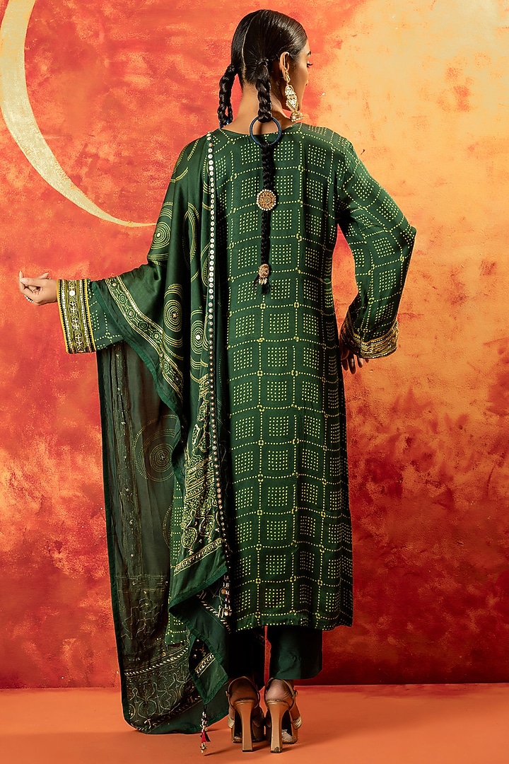 Green Ajrakh Hand Block Satin Mirror Hand Embroidered Kurta Set by Prahnaaya at Pernia's Pop Up Shop