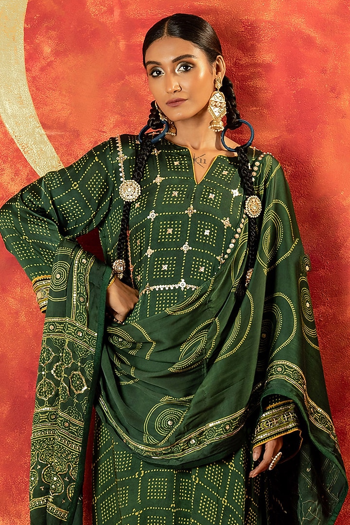 Green Ajrakh Hand Block Satin Mirror Hand Embroidered Kurta Set by Prahnaaya at Pernia's Pop Up Shop