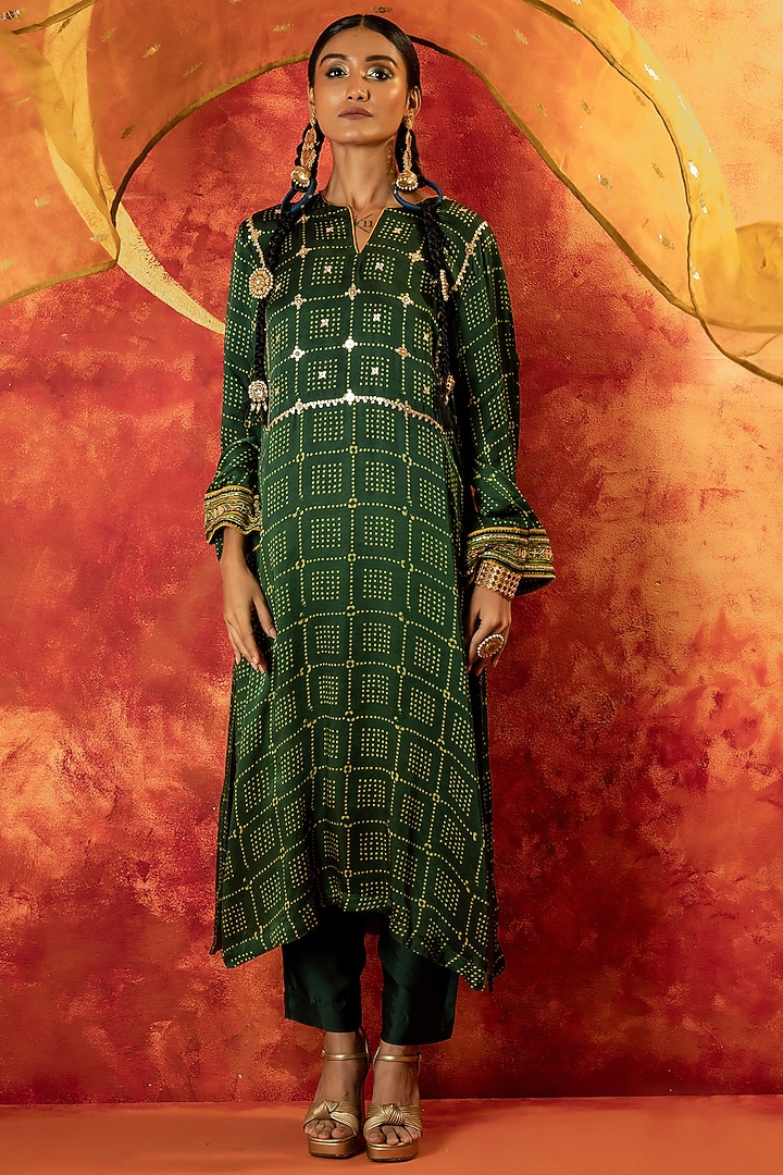 Green Ajrakh Hand Block Satin Mirror Hand Embroidered Kurta Set by Prahnaaya at Pernia's Pop Up Shop