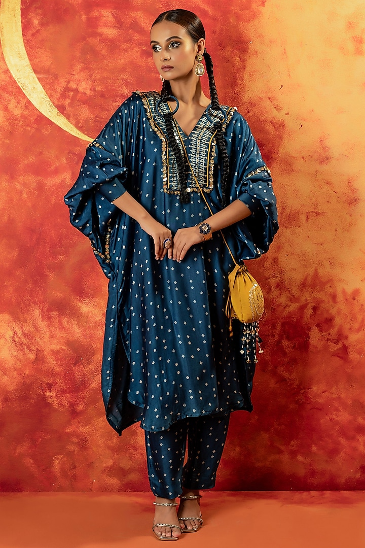 Indigo Blue Ajrakh Hand Block Satin Sequins Embroidered Kurta Set by Prahnaaya