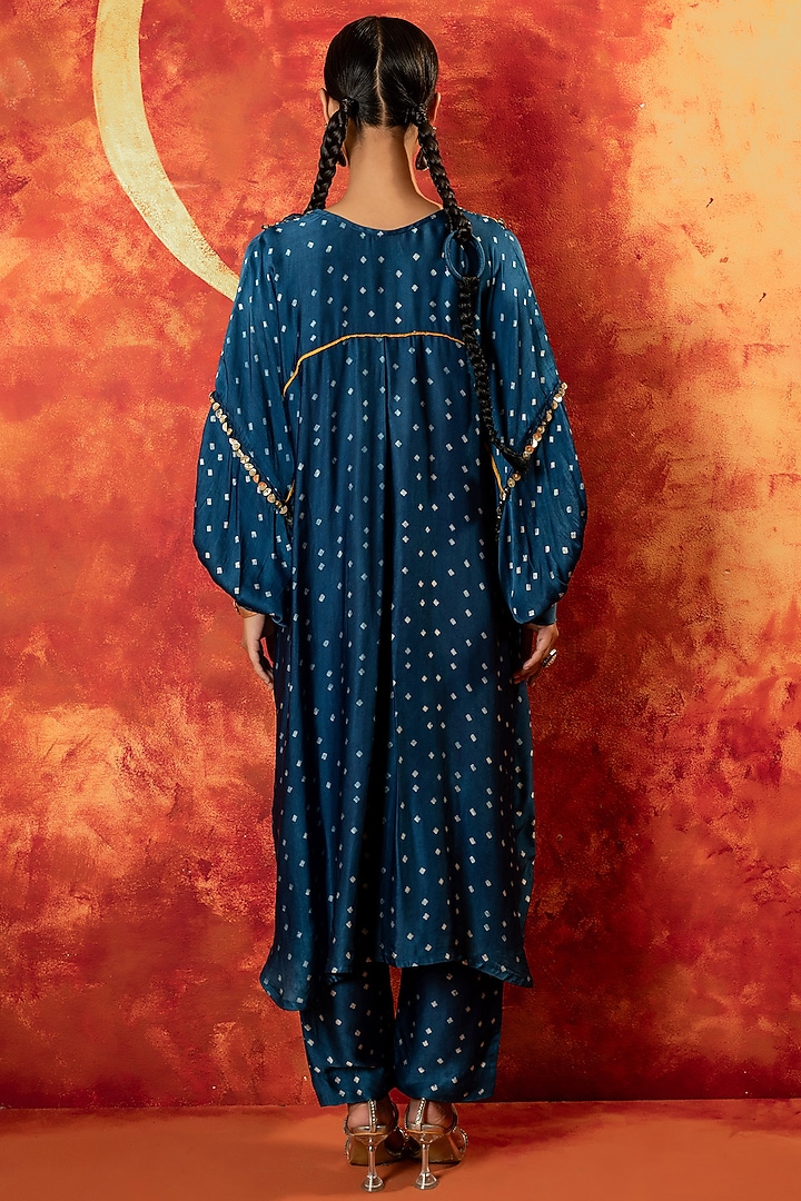 Indigo Blue Ajrakh Hand Block Satin Sequins Embroidered Kurta Set by Prahnaaya at Pernia's Pop Up Shop