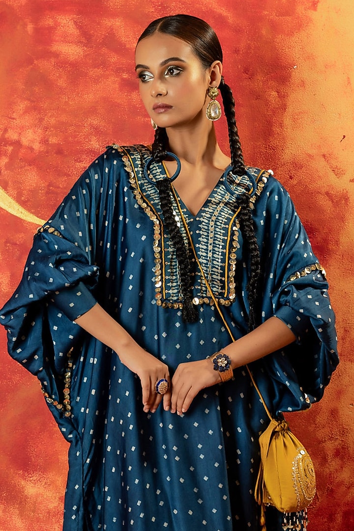 Indigo Blue Ajrakh Hand Block Satin Sequins Embroidered Kurta Set by Prahnaaya at Pernia's Pop Up Shop