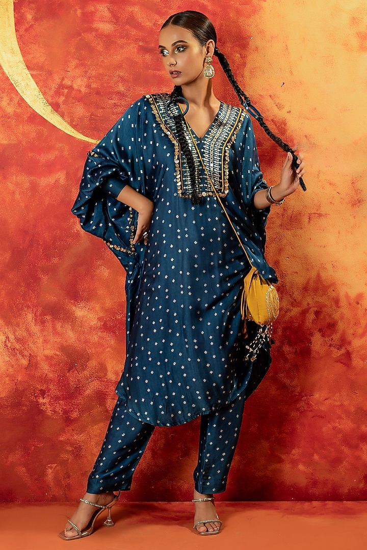 Indigo Blue Ajrakh Hand Block Satin Sequins Embroidered Kurta Set by Prahnaaya at Pernia's Pop Up Shop