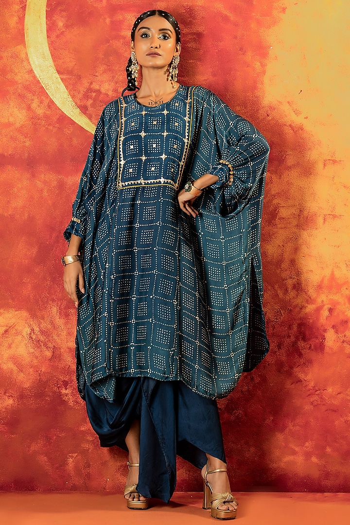 Indigo Blue Ajrakh Hand Block Satin Sequins Embroidered Kurta Set by Prahnaaya at Pernia's Pop Up Shop