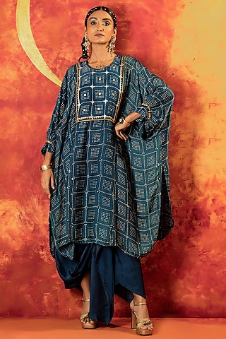 Indigo Blue Ajrakh Hand Block Satin Sequins Embroidered Kurta Set by Prahnaaya