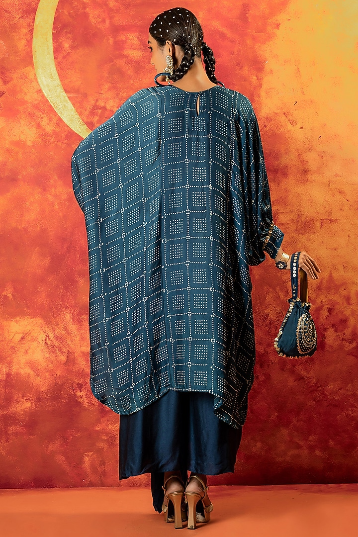 Indigo Blue Ajrakh Hand Block Satin Sequins Embroidered Kurta Set by Prahnaaya at Pernia's Pop Up Shop