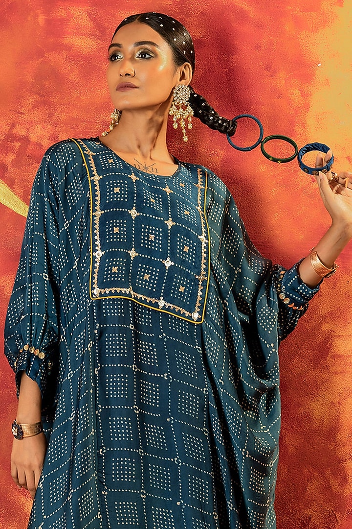 Indigo Blue Ajrakh Hand Block Satin Sequins Embroidered Kurta Set by Prahnaaya at Pernia's Pop Up Shop